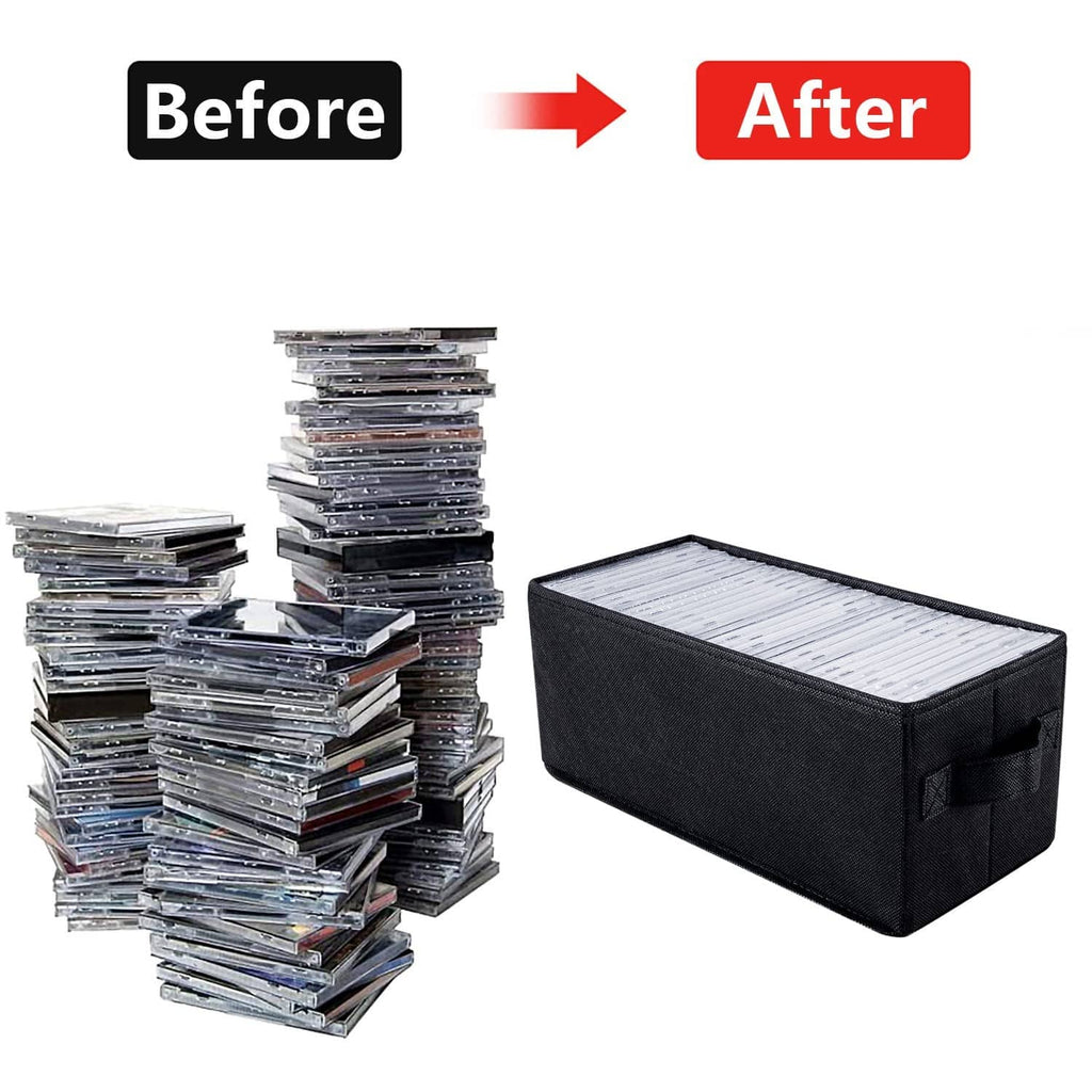 Black fabric CD storage box with lid, shown next to stacked CDs