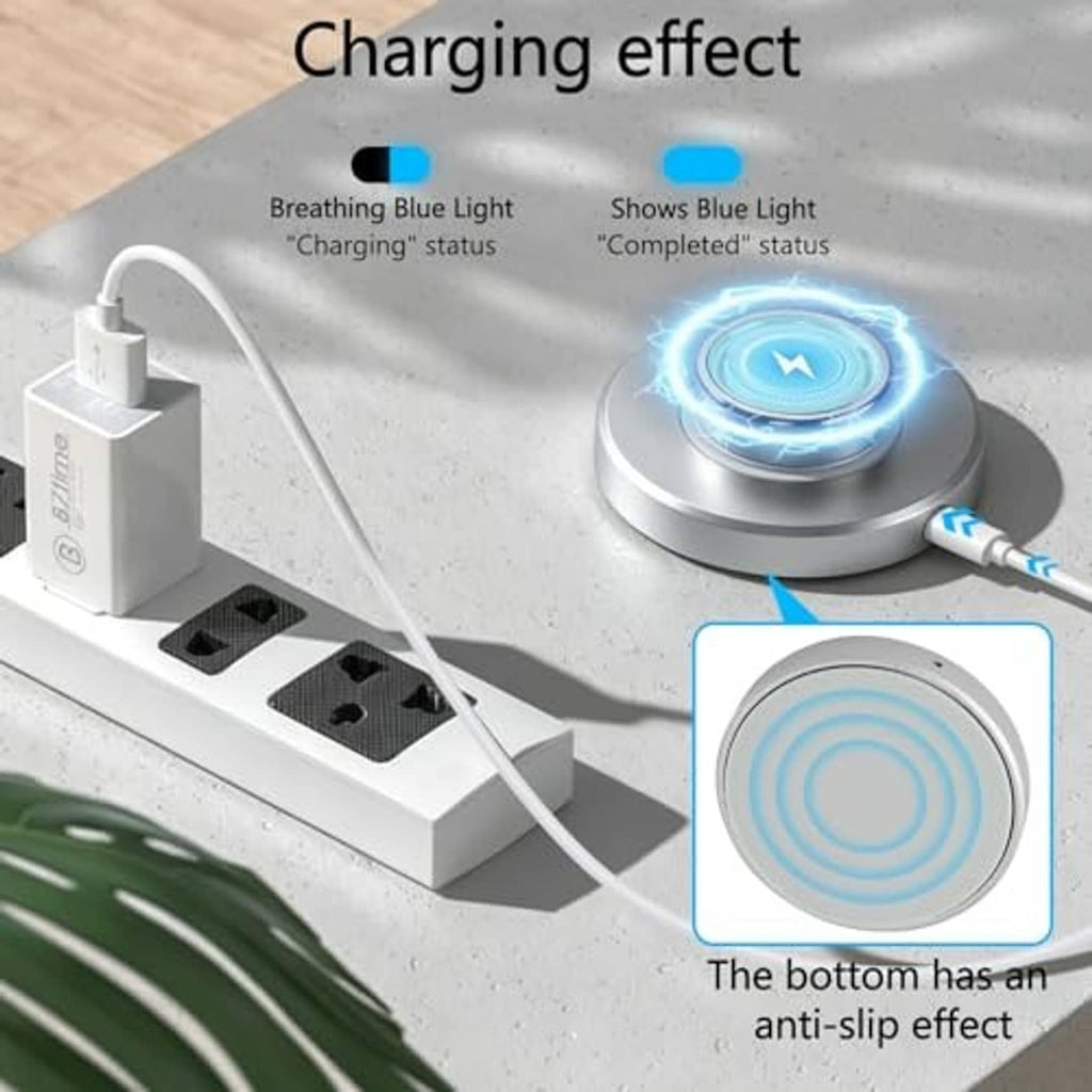 Charging dock with blue light ring on circular base and anti-slip bottom