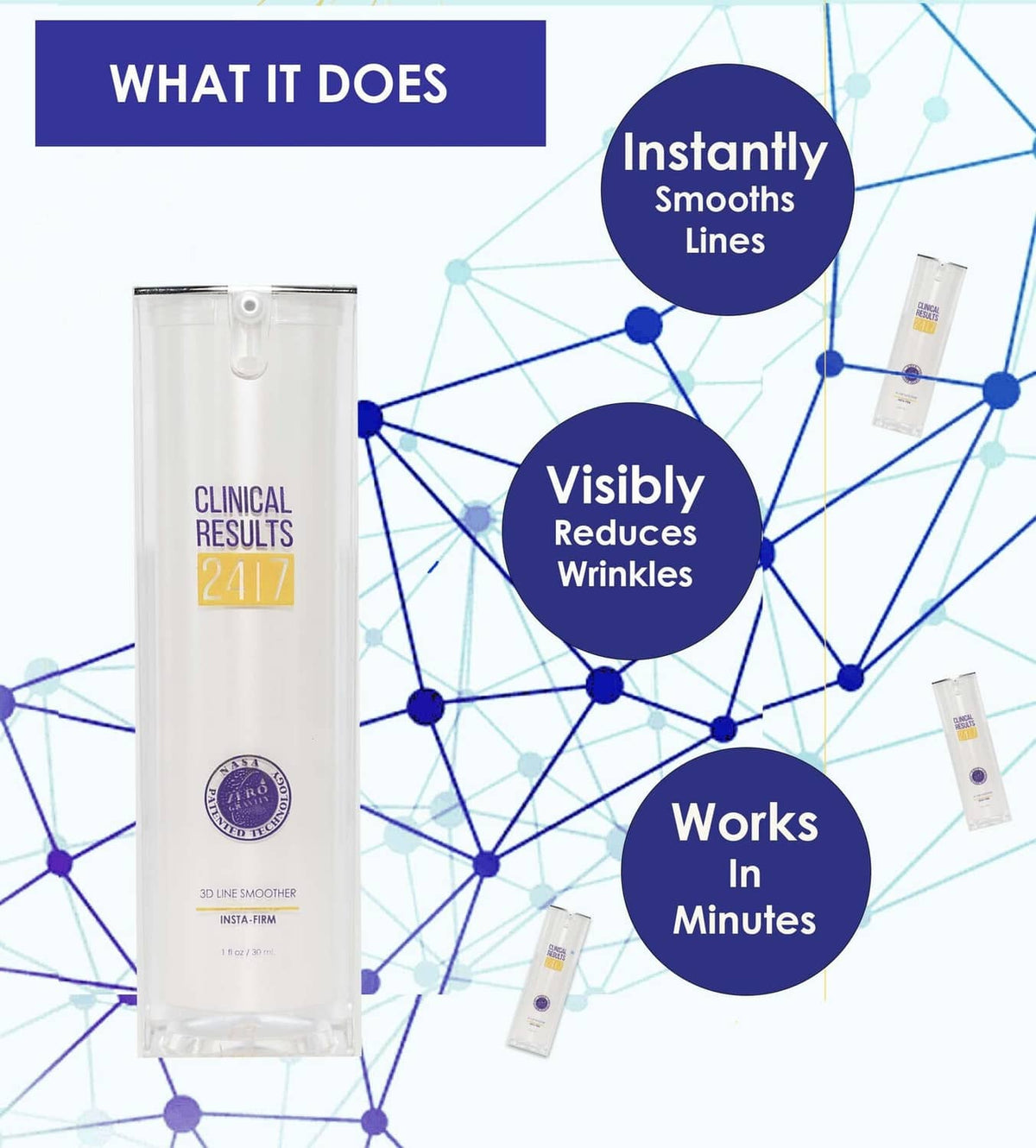 Skincare bottle with wrinkle reduction and “works in minutes” benefit icons