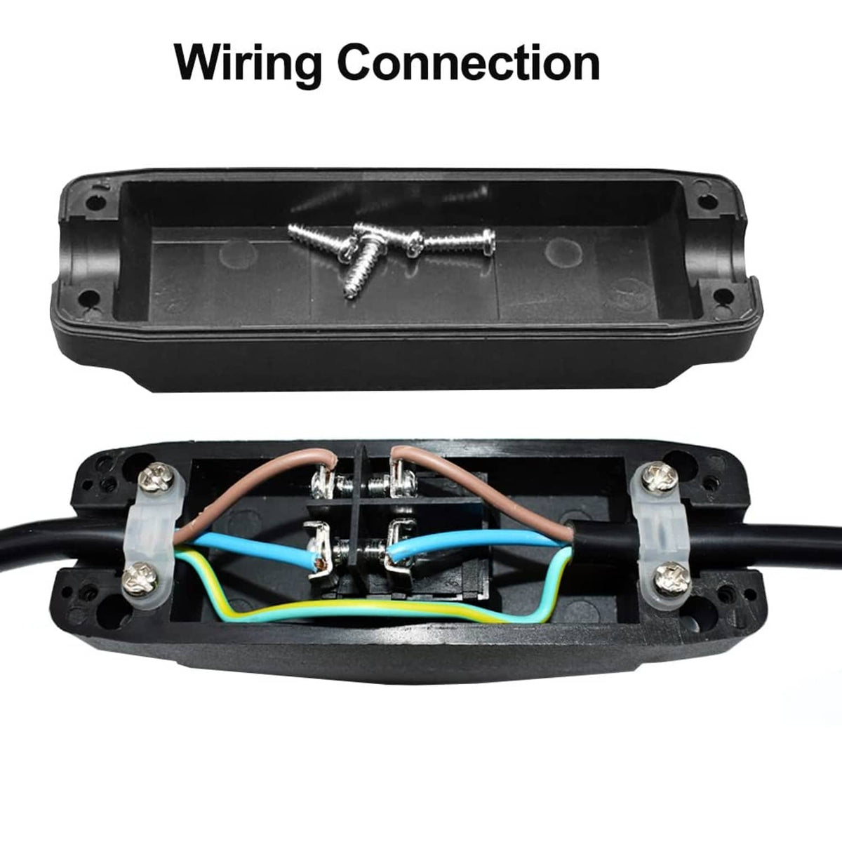 Inline cord switch wiring connection showing exposed internal terminals and screws.