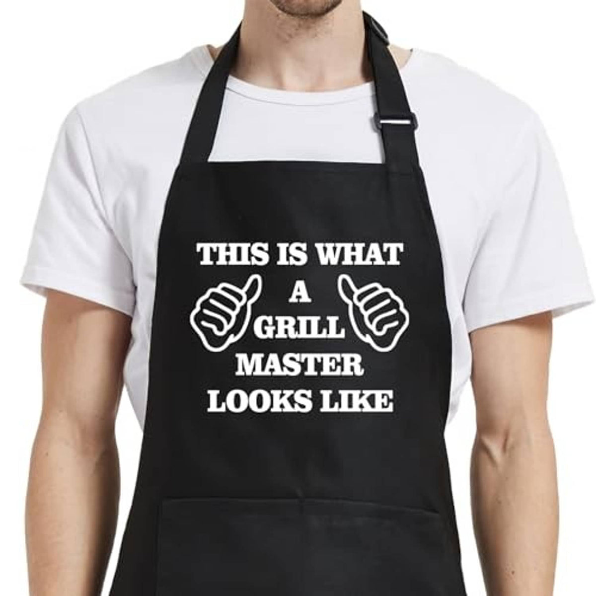 Black grilling apron with front pocket and white “Grill Master” graphic print