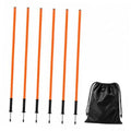 Set of 6 orange agility training poles with black bases and drawstring carry bag
