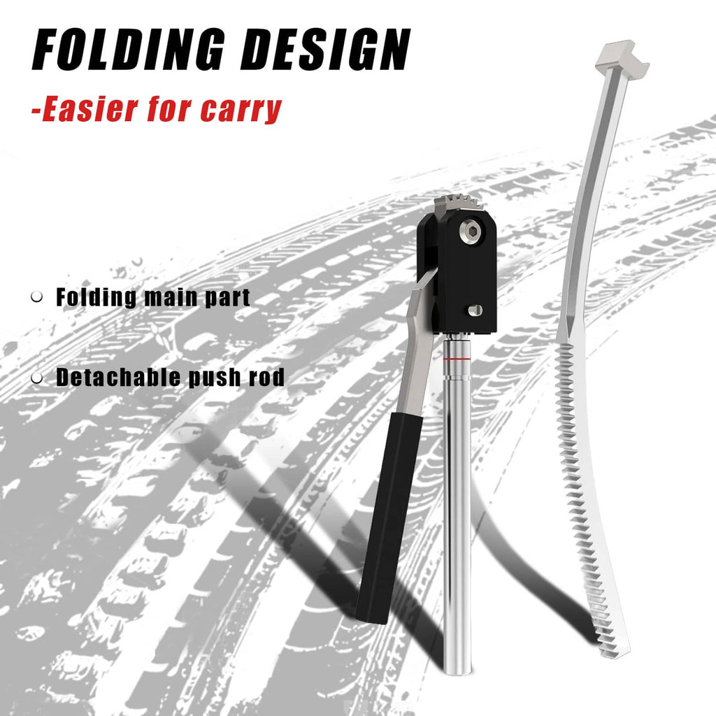 Folding tire changing tool with black frame, coiled spring, and silver push rods