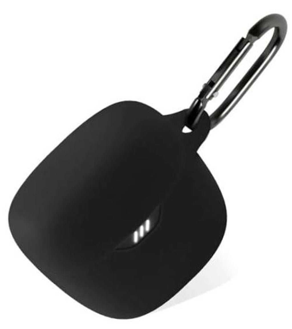 Black silicone earbud case cover with attached carabiner clip