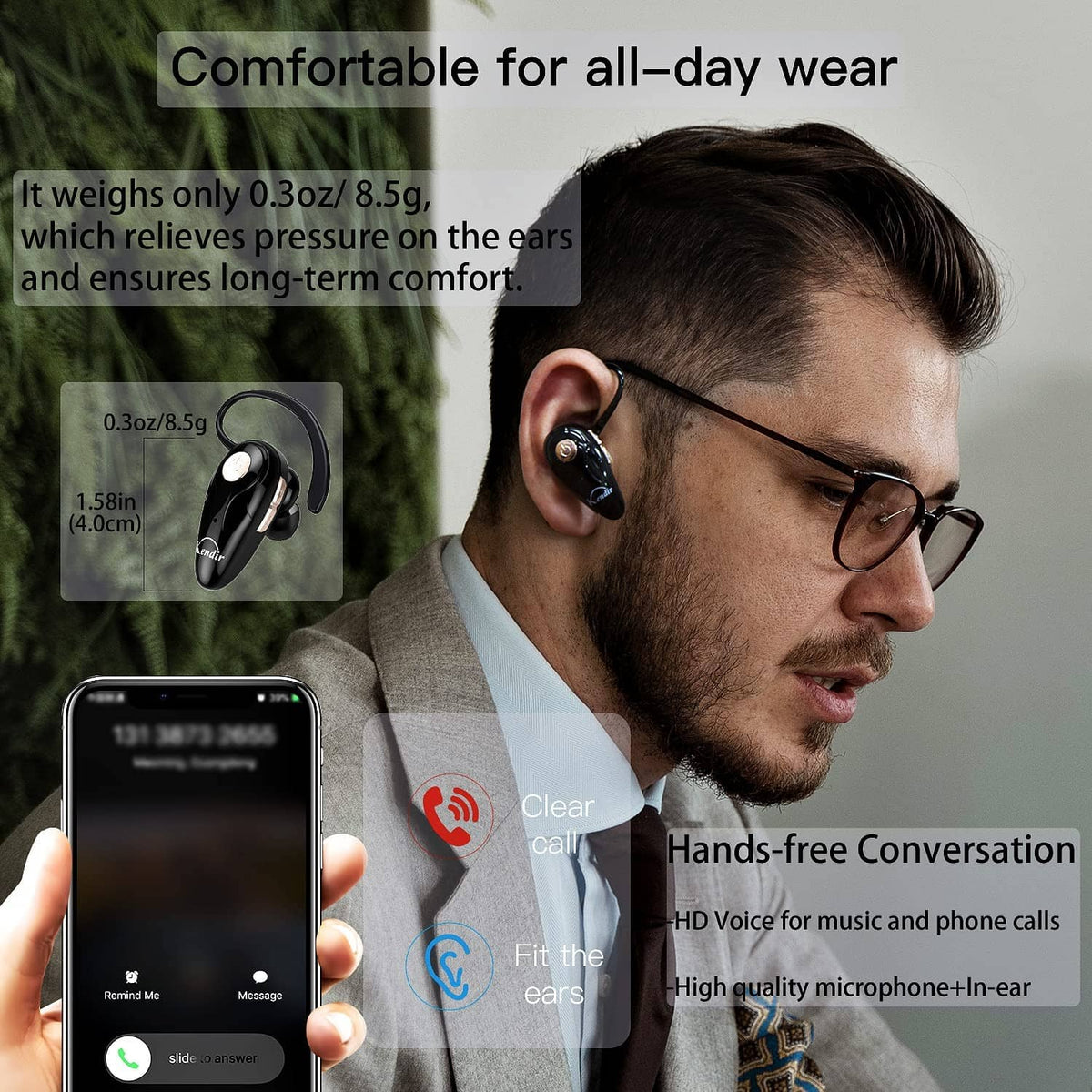 Black Bluetooth headset worn on ear with flexible C-shaped band