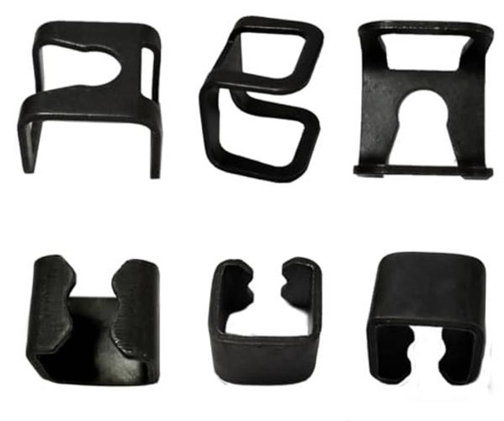 Assorted six-piece black floor jack clamp clips, U-shaped with forked ends