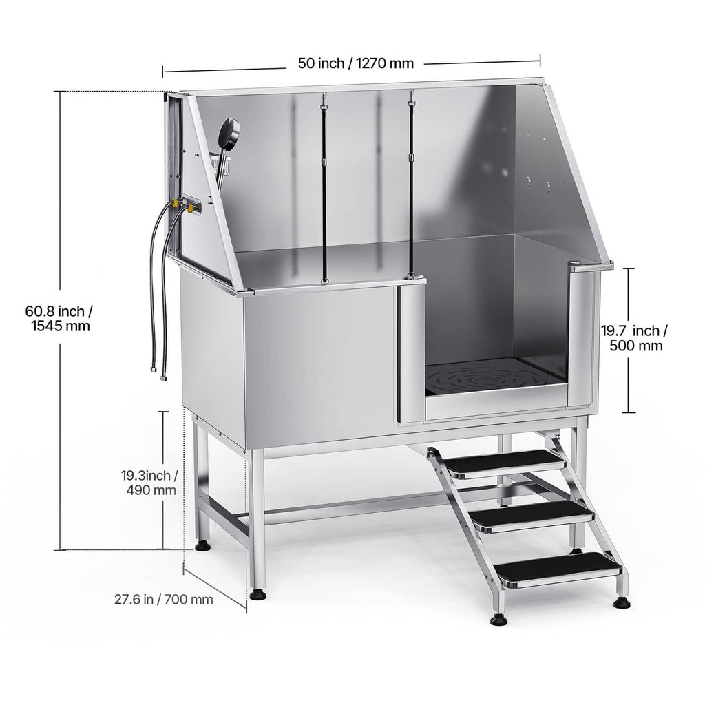 Compact 50 in stainless steel pet bath station with right stair step