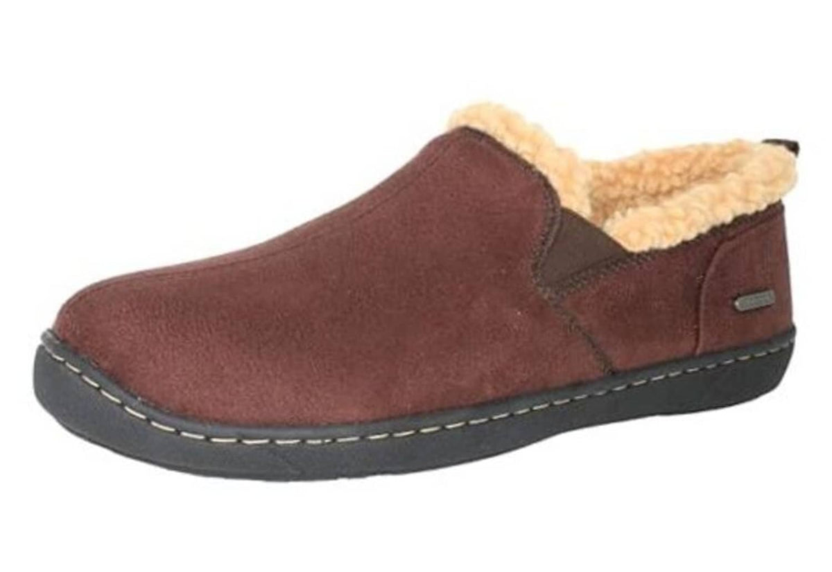 Chocolate suede moc slippers with tan fleece lining and stitched side pull-on panel