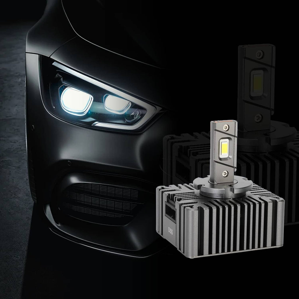 LED headlight bulbs with glowing LED modules and metal heat-sink housings