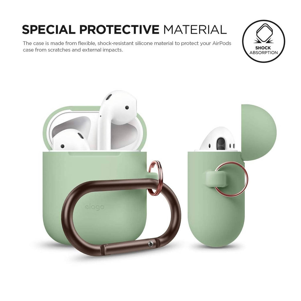 Mint green silicone AirPods case with bronze carabiner and open lid