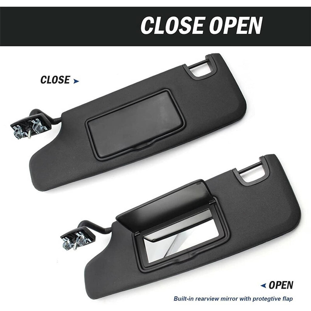 Black sun visor panel with mirror housing and side mounting bracket