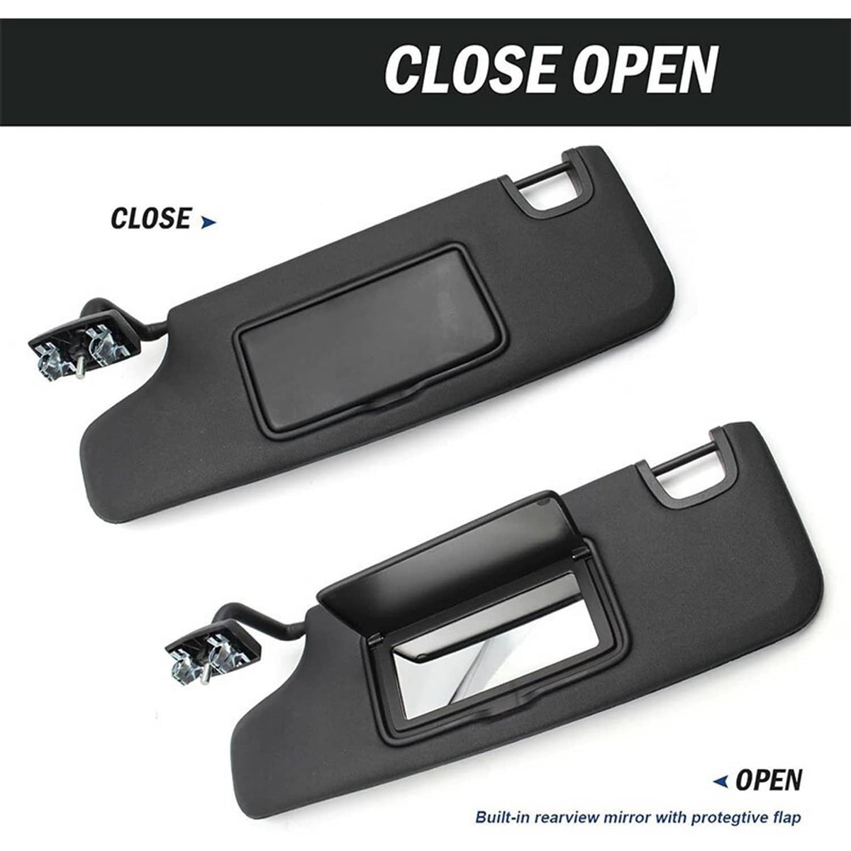 Black sun visor panel with mirror housing and side mounting bracket