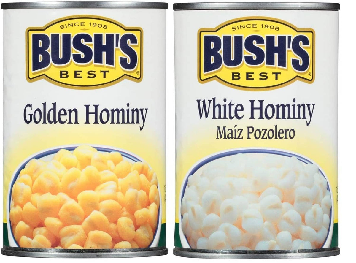 Bush's Best Golden Hominy and White Hominy cans with front labels