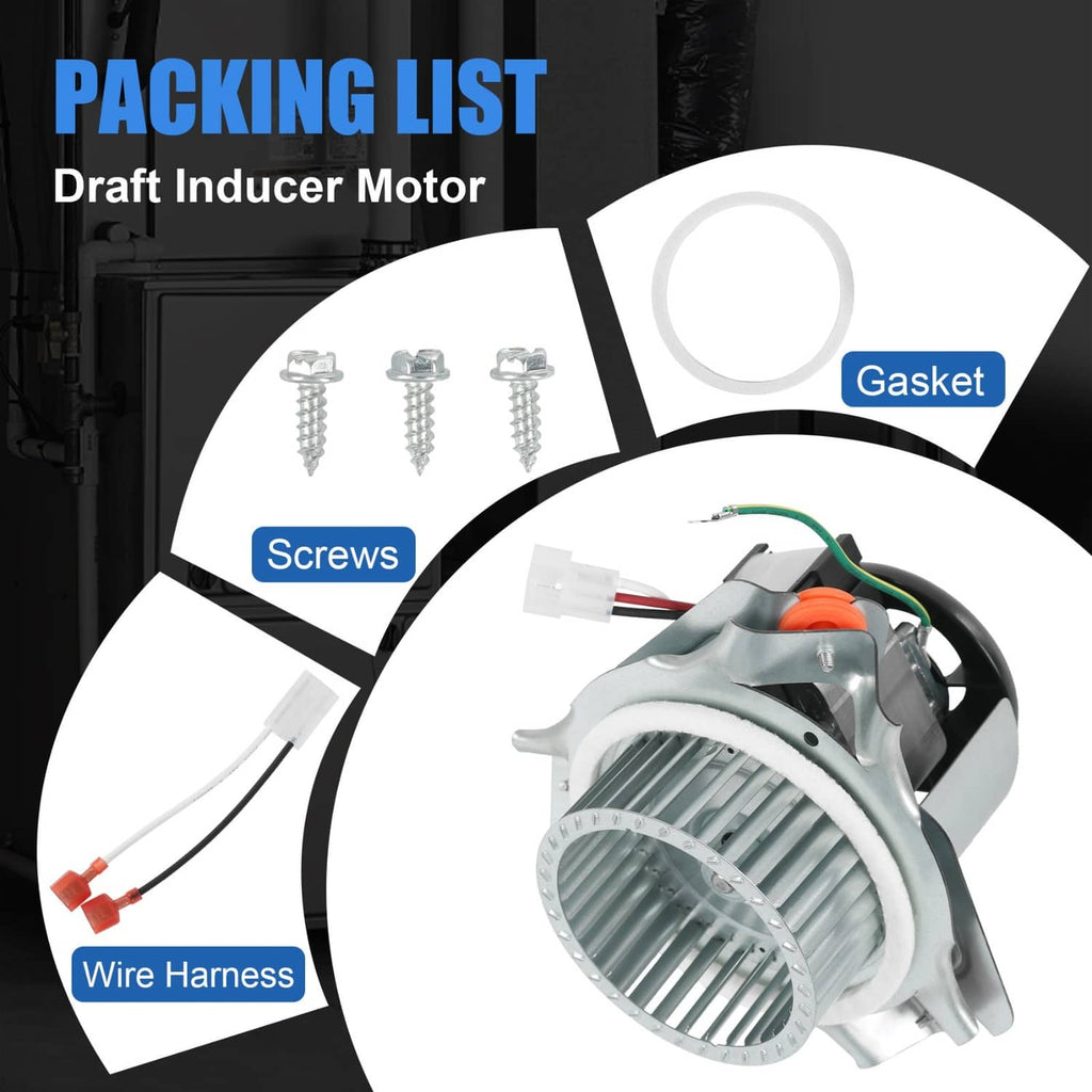 Draft inducer motor assembly with included gasket, screws, and wire harness