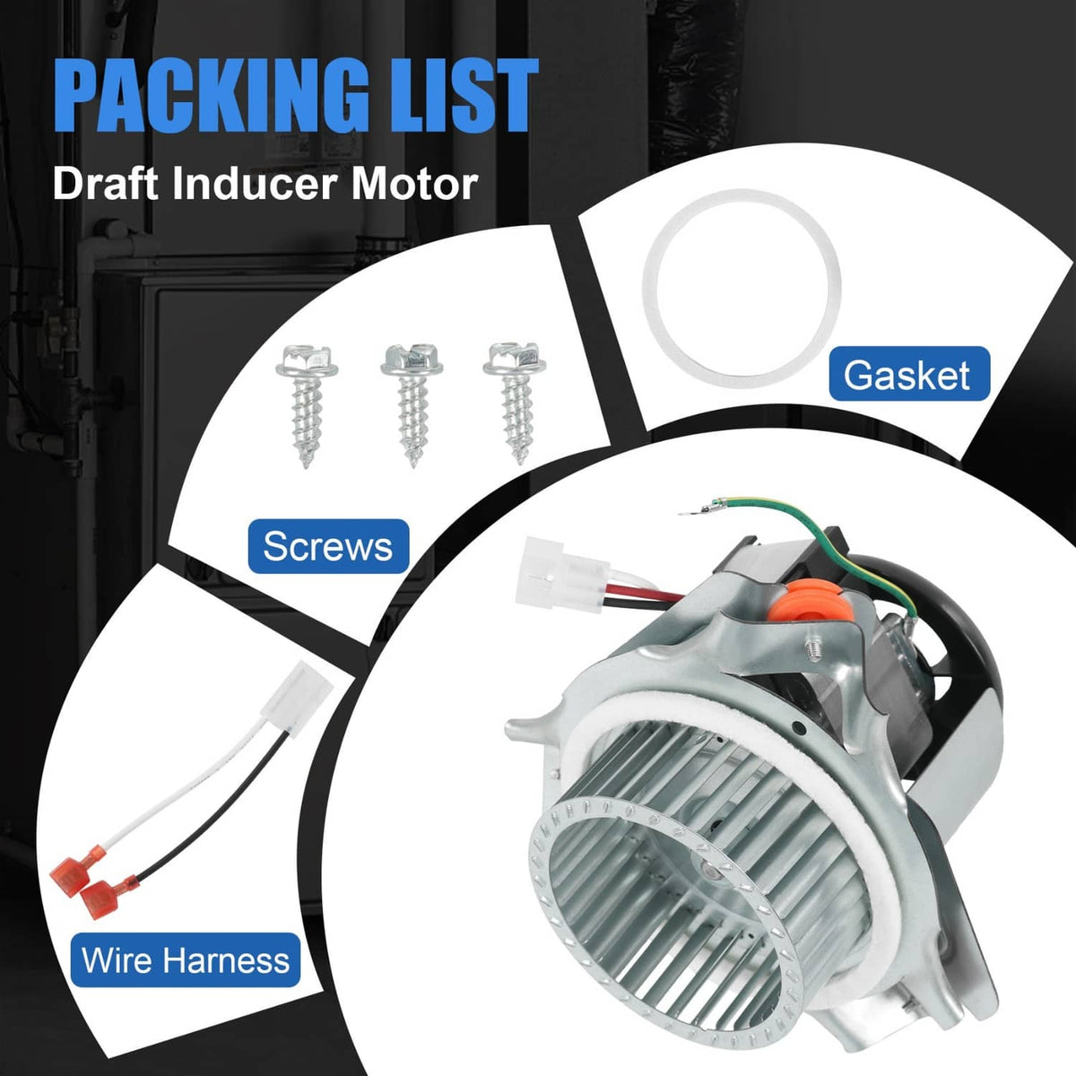 Draft inducer motor assembly with included gasket, screws, and wire harness
