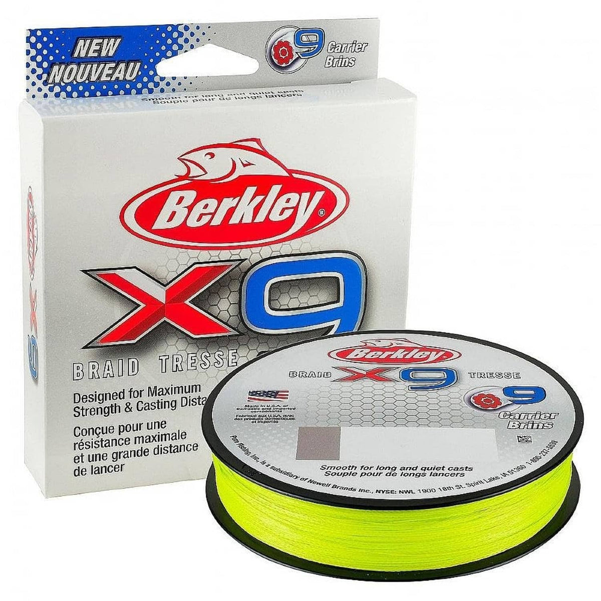 Braided fishing line spool, low-vis chartreuse-green 10 lb on black reel