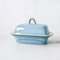 Blue ceramic butter dish with lid; rectangular tray with loop handle