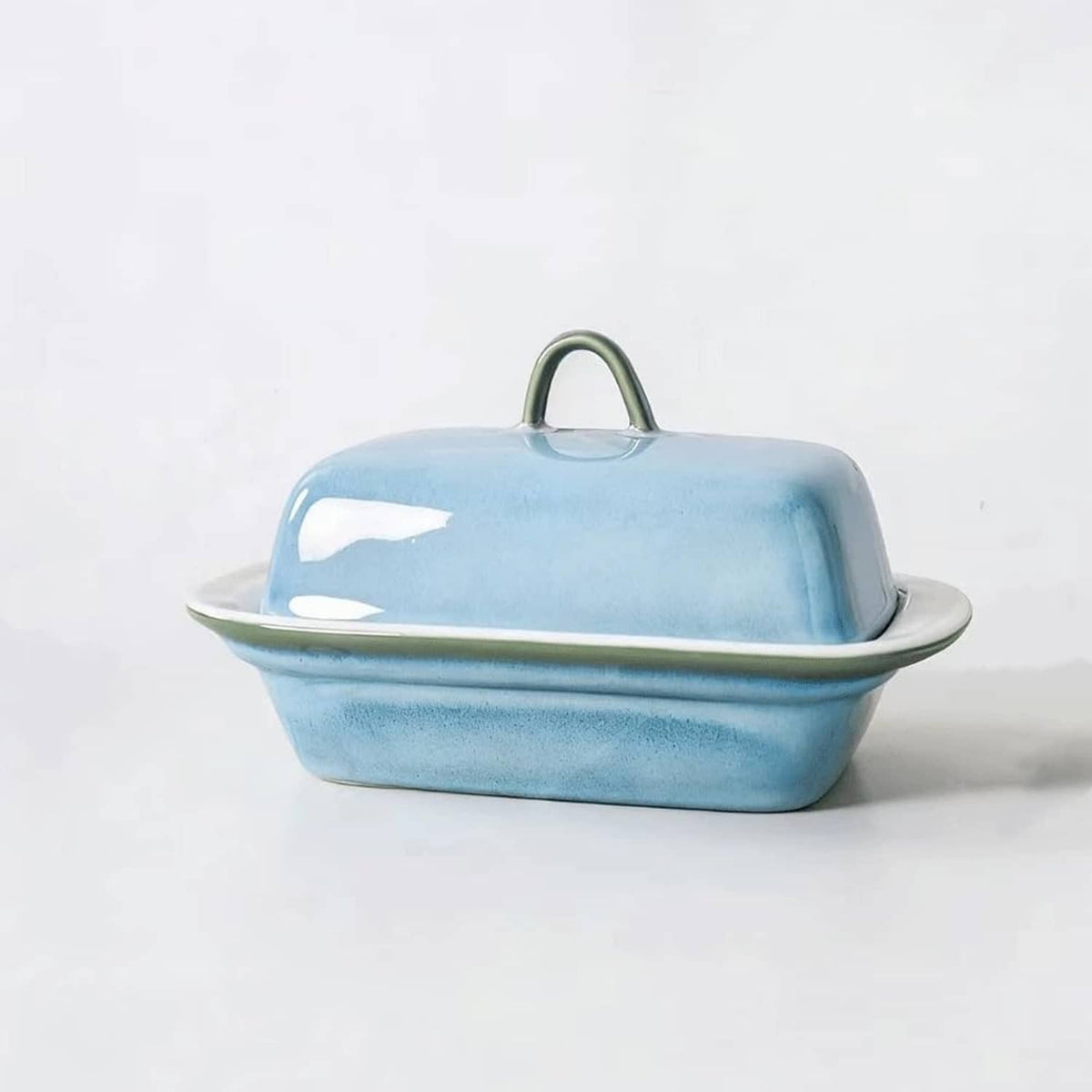 Blue ceramic butter dish with lid; rectangular tray with loop handle