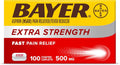 Bayer Extra Strength Aspirin 500 mg box, fast pain relief, 100 coated caplets