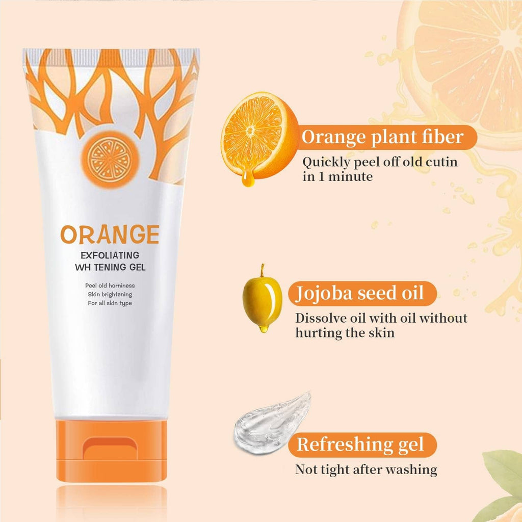 Orange exfoliating gel scrub tube with orange fiber and jojoba seed oil callouts