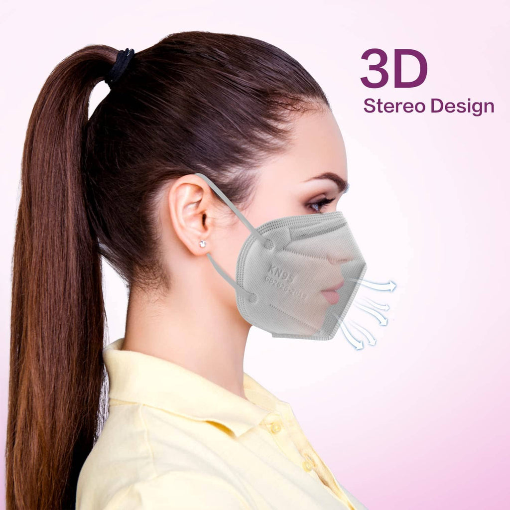 Grey KN95 face mask on woman, side view showing 3D contour and ear loops