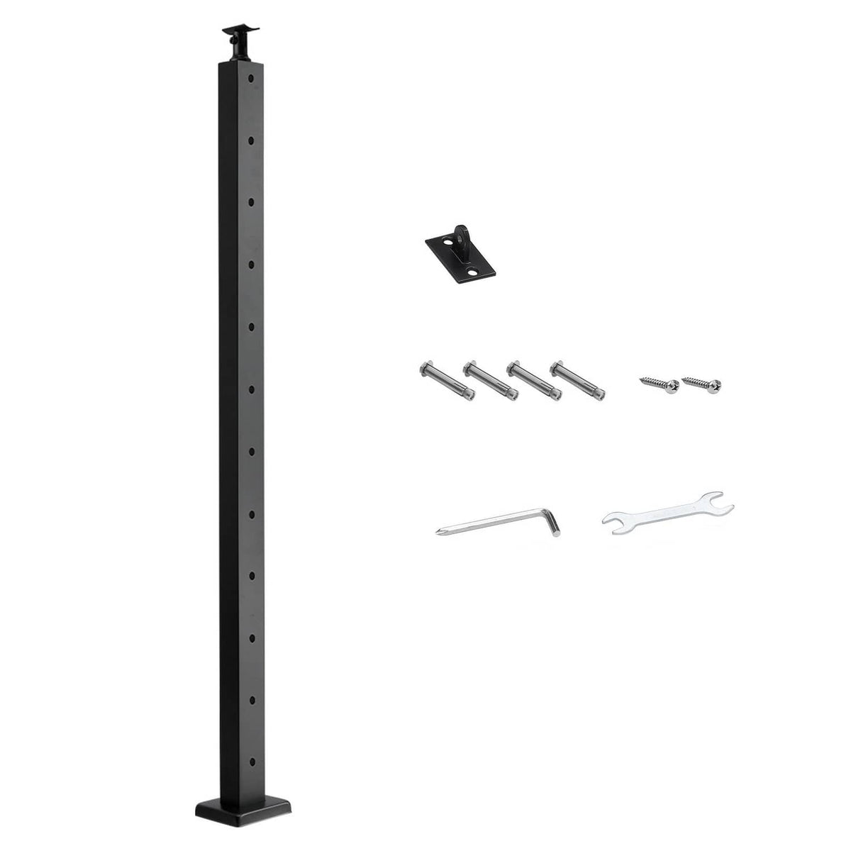 Black cable railing post with pre-drilled holes and freestanding square base