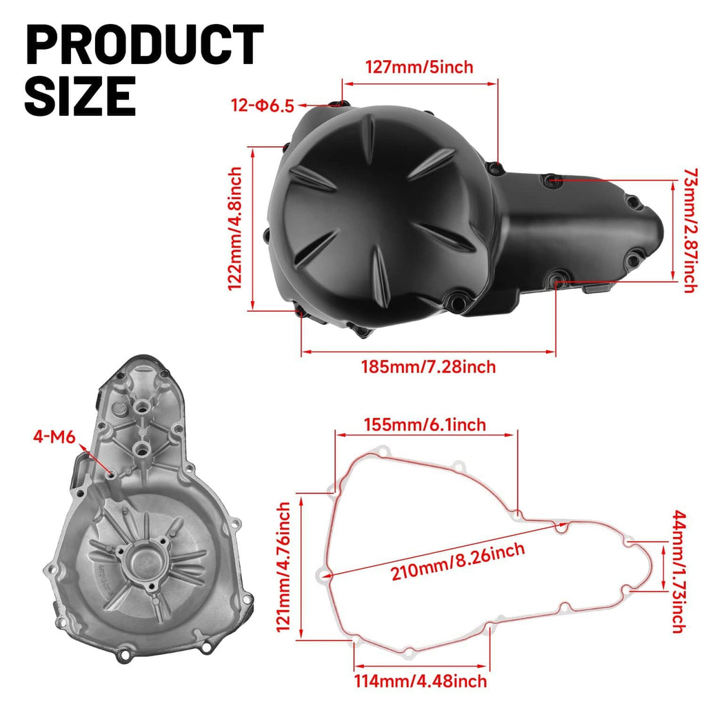 Engine stator crankcase cover with red gasket, size diagram with measurements in inches/mm.