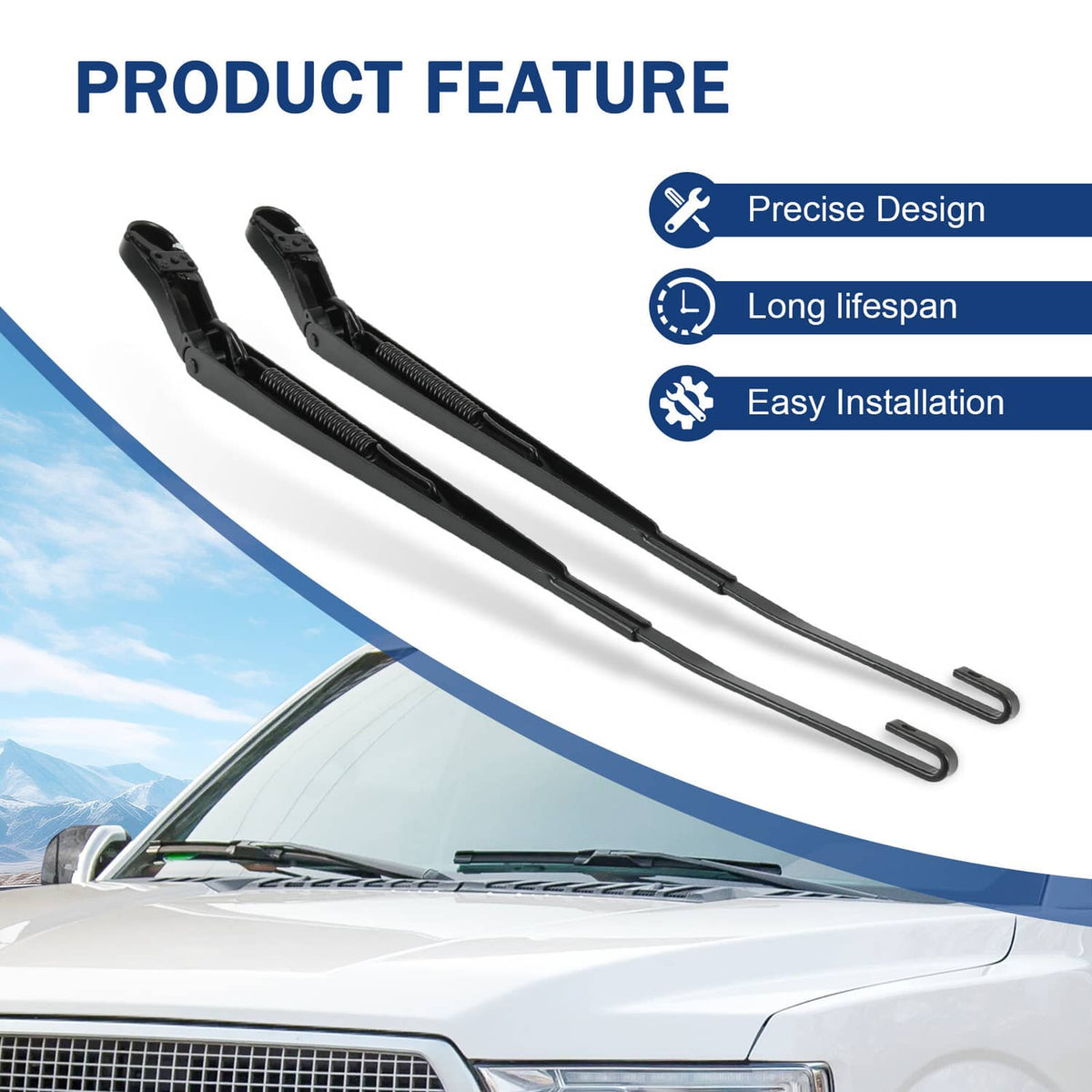 Black front windshield wiper arms with curved end caps and parallel blades