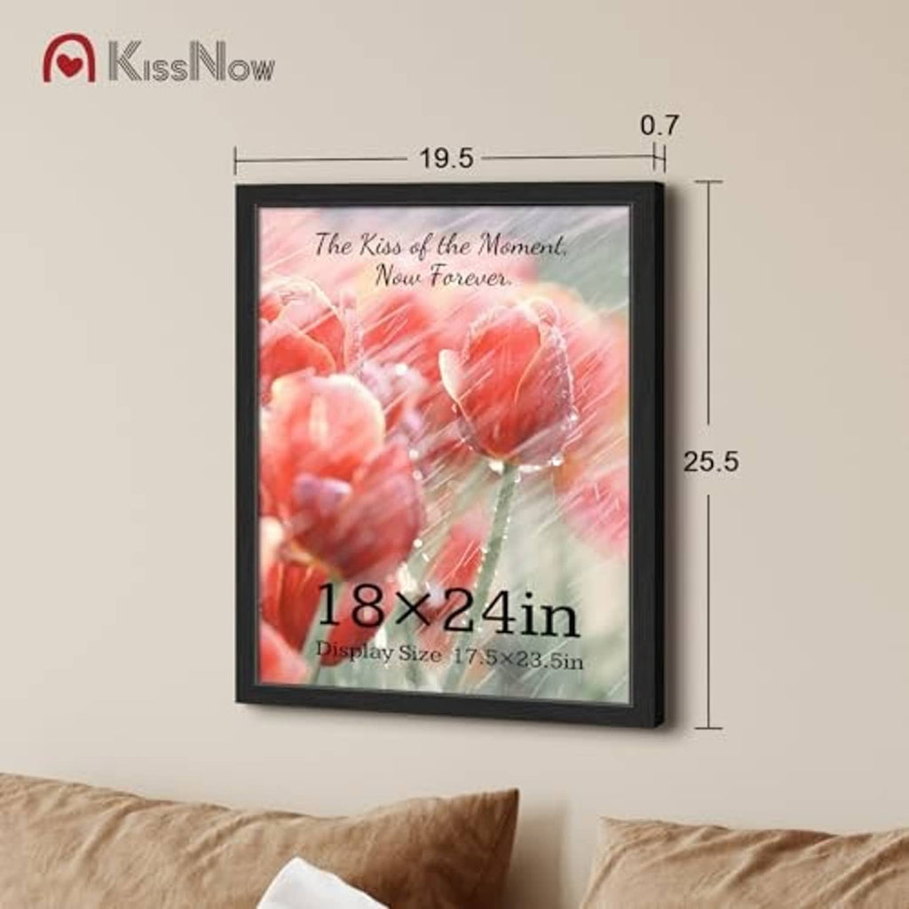Black 18x24 poster frame with pink rose artwork and size measurement graphic
