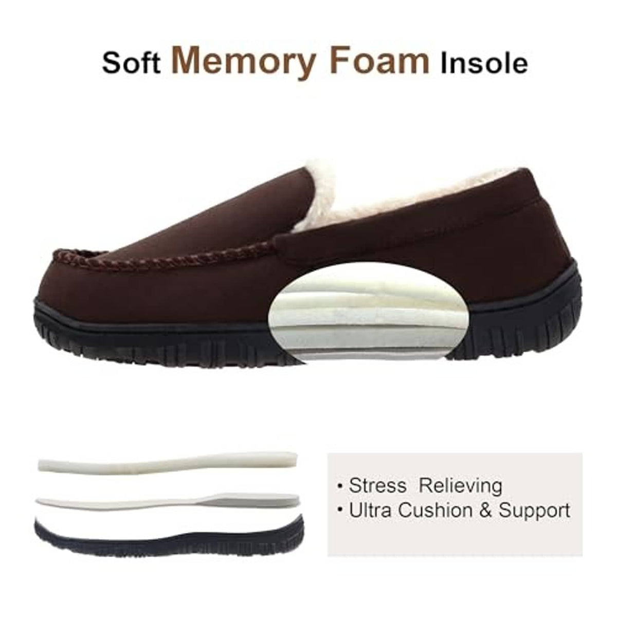 Brown moccasin slippers with plush lining and thick cushioned sole insert