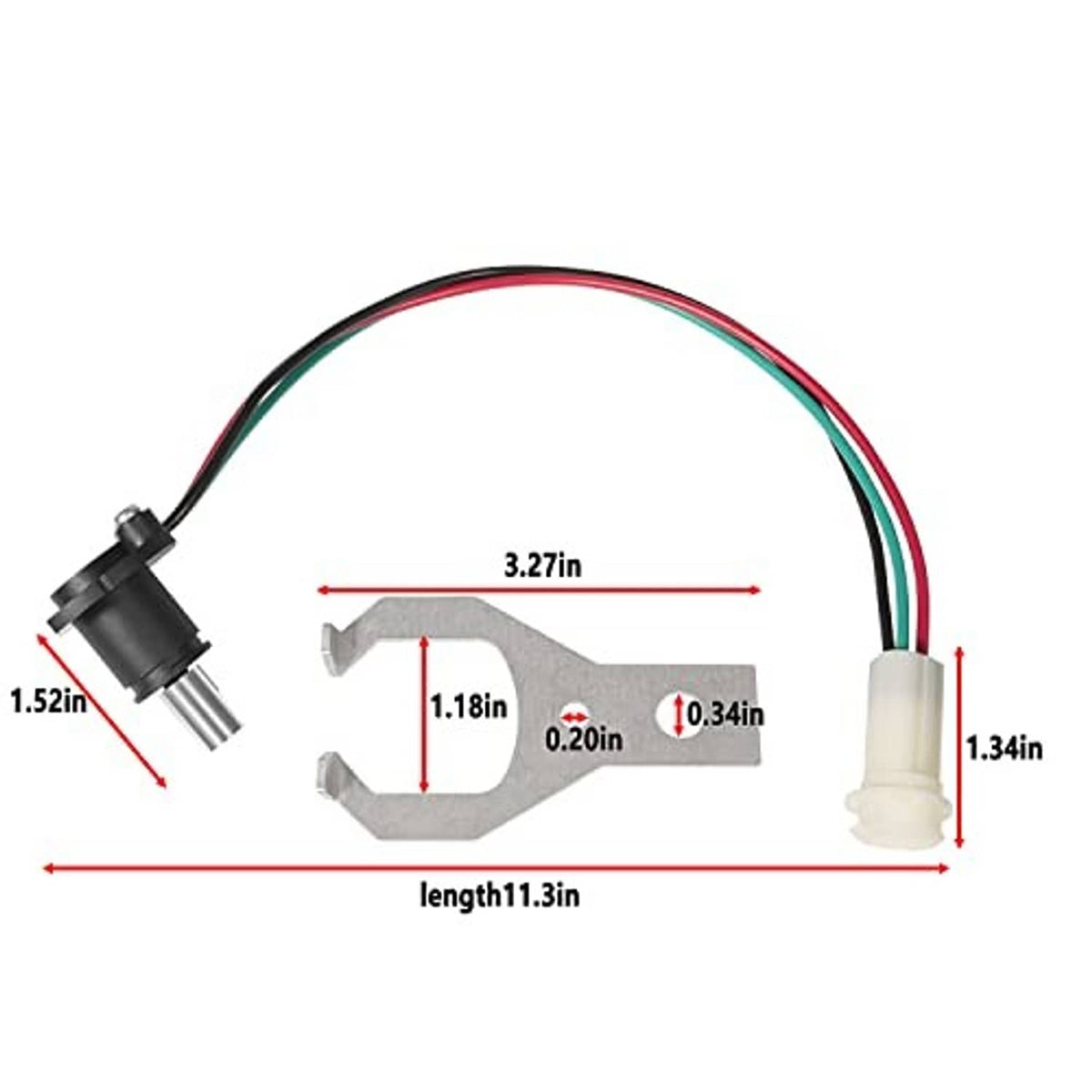 Potentiometer sensor wiring harness with size-labeled cable, bracket, and two connectors