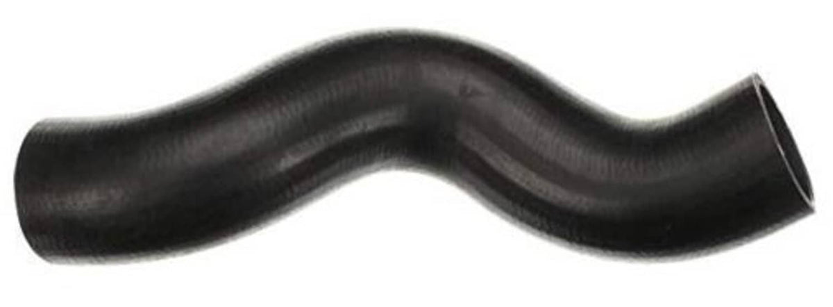 Black molded coolant hose with curved S shape and ribbed texture, angled ends