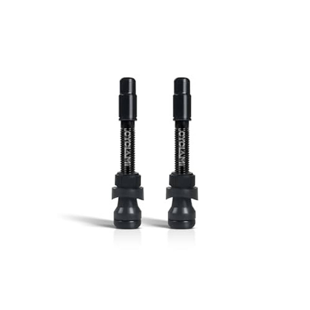 Pair of black Presta tubeless valve stems with bases and dust caps