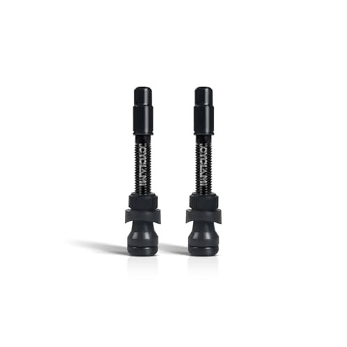 Pair of black Presta tubeless valve stems with bases and dust caps