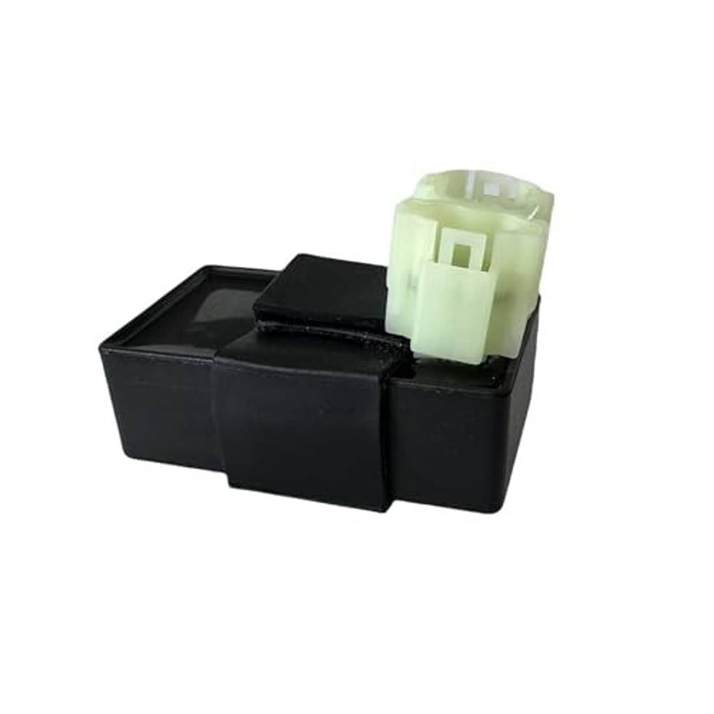 AC CDI box rear view, black plastic housing with pale connector block on top