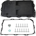 Black automatic transmission oil pan with integrated oil filter housing and bolt holes