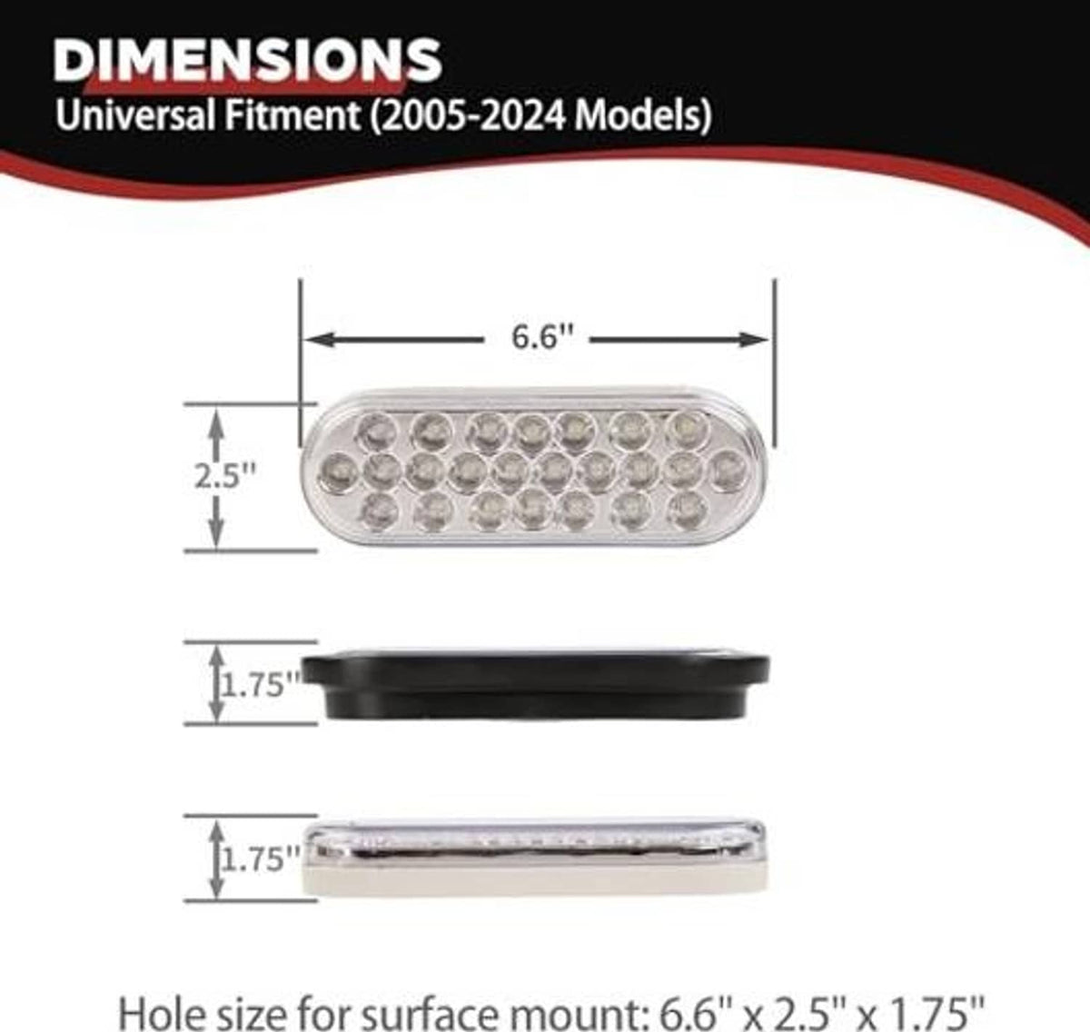 Oval LED light with black frame and clear lens, with size measurements