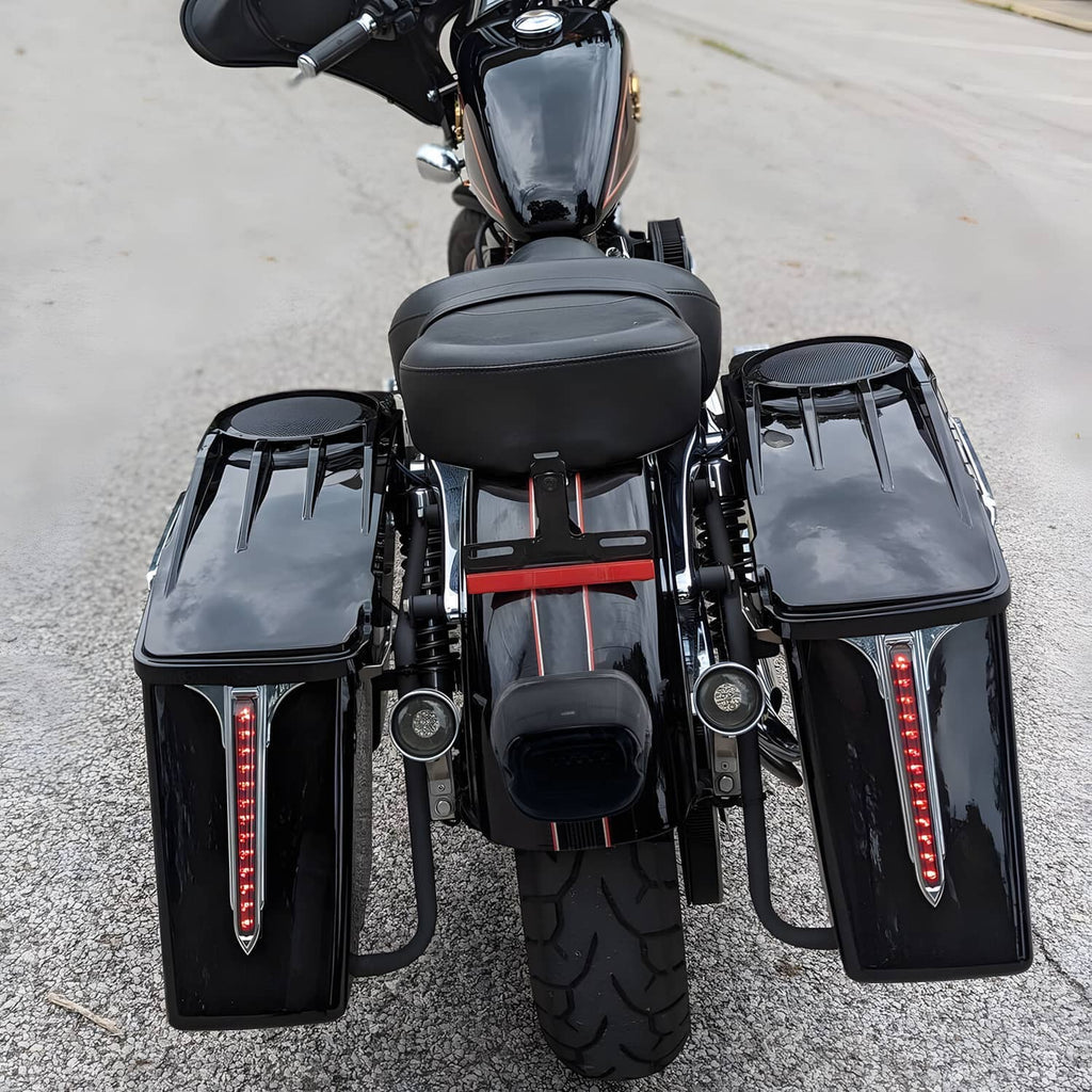 Motorcycle with smoked LED rear tail light and vertical LED bars, rear view