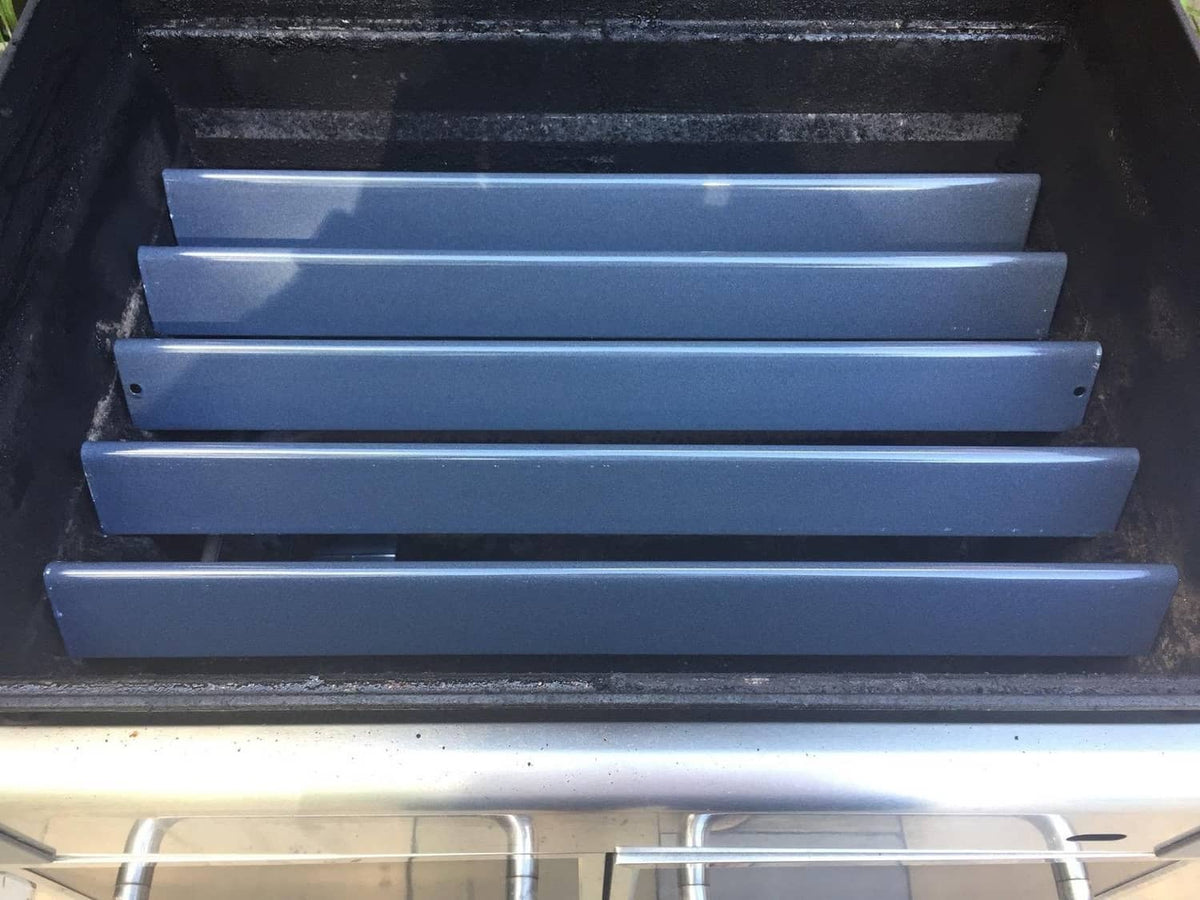 Grill flavorizer bars, dark speckled gray porcelain enamel, stacked in the firebox
