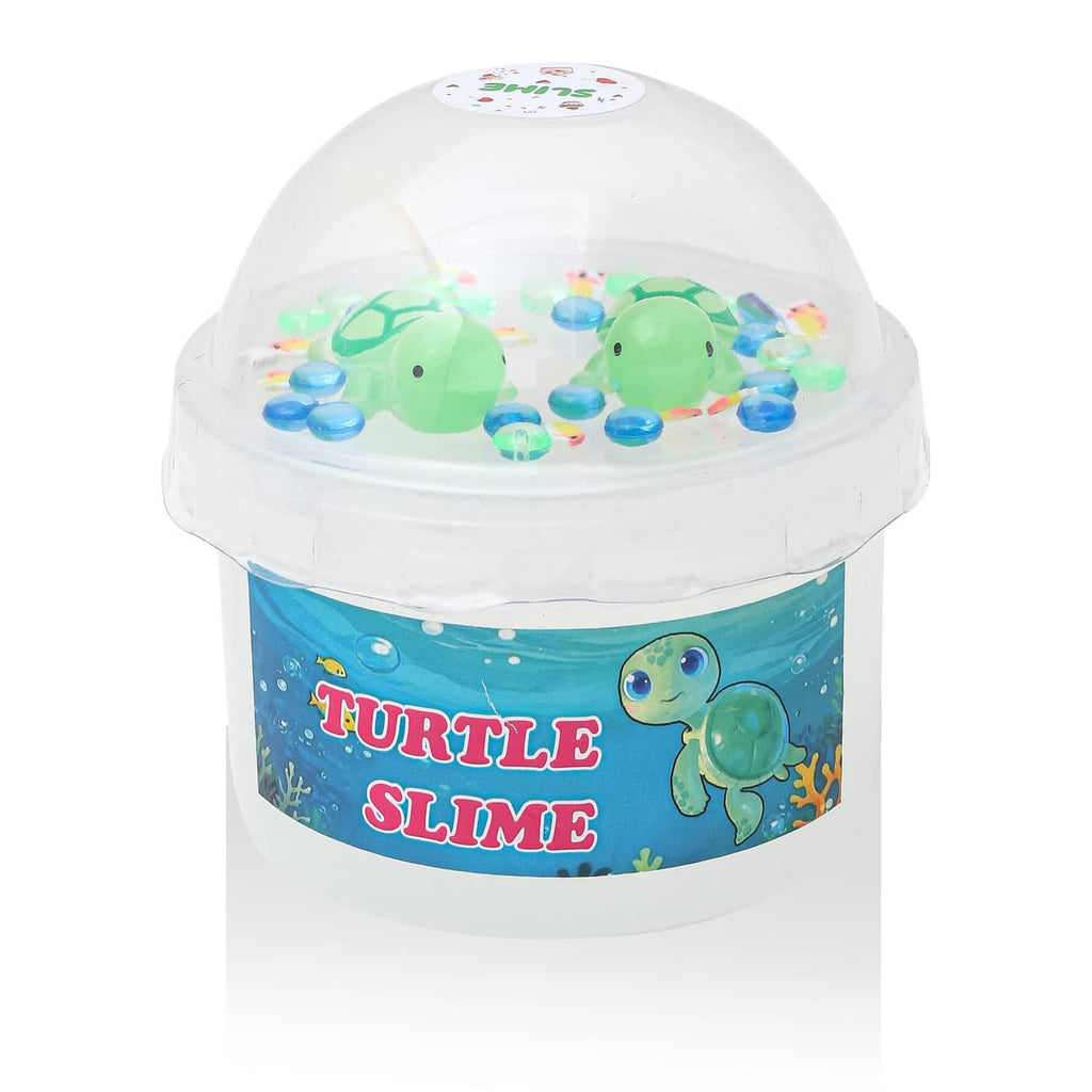 Clear dome-lid turtle slime container with green turtle graphic on the label
