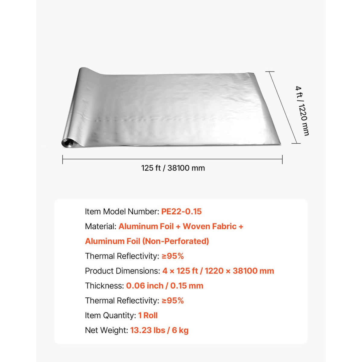 Flat radiant barrier insulation sheet laid out, silver foil with woven fabric thickness