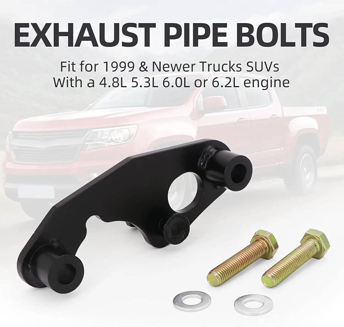 Black exhaust pipe bolt repair bracket with gold bolts and silver washers