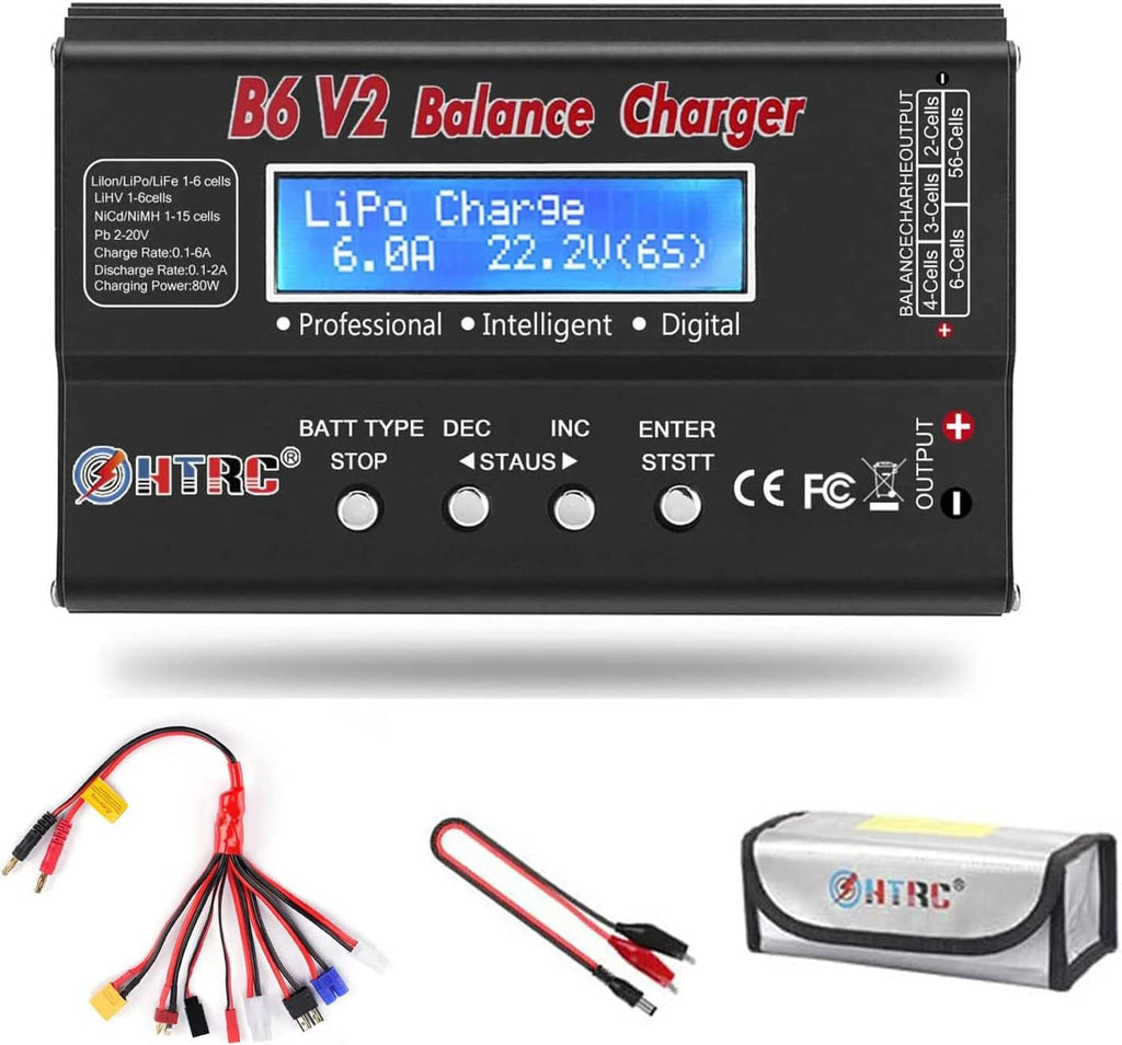 RC LiPo battery balance charger front panel with LCD screen, harness leads and pouch