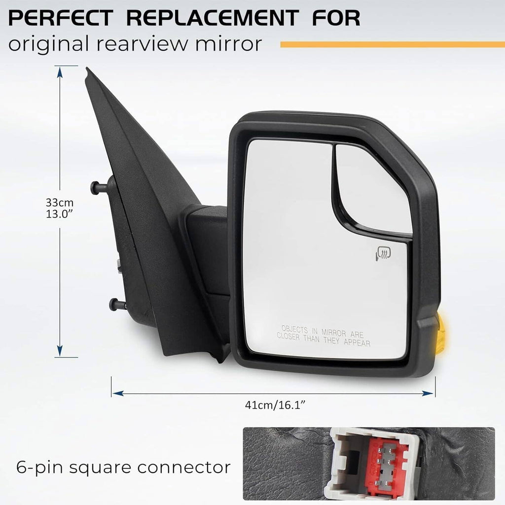 Right side heated review mirror with 6-pin square connector and black bracket