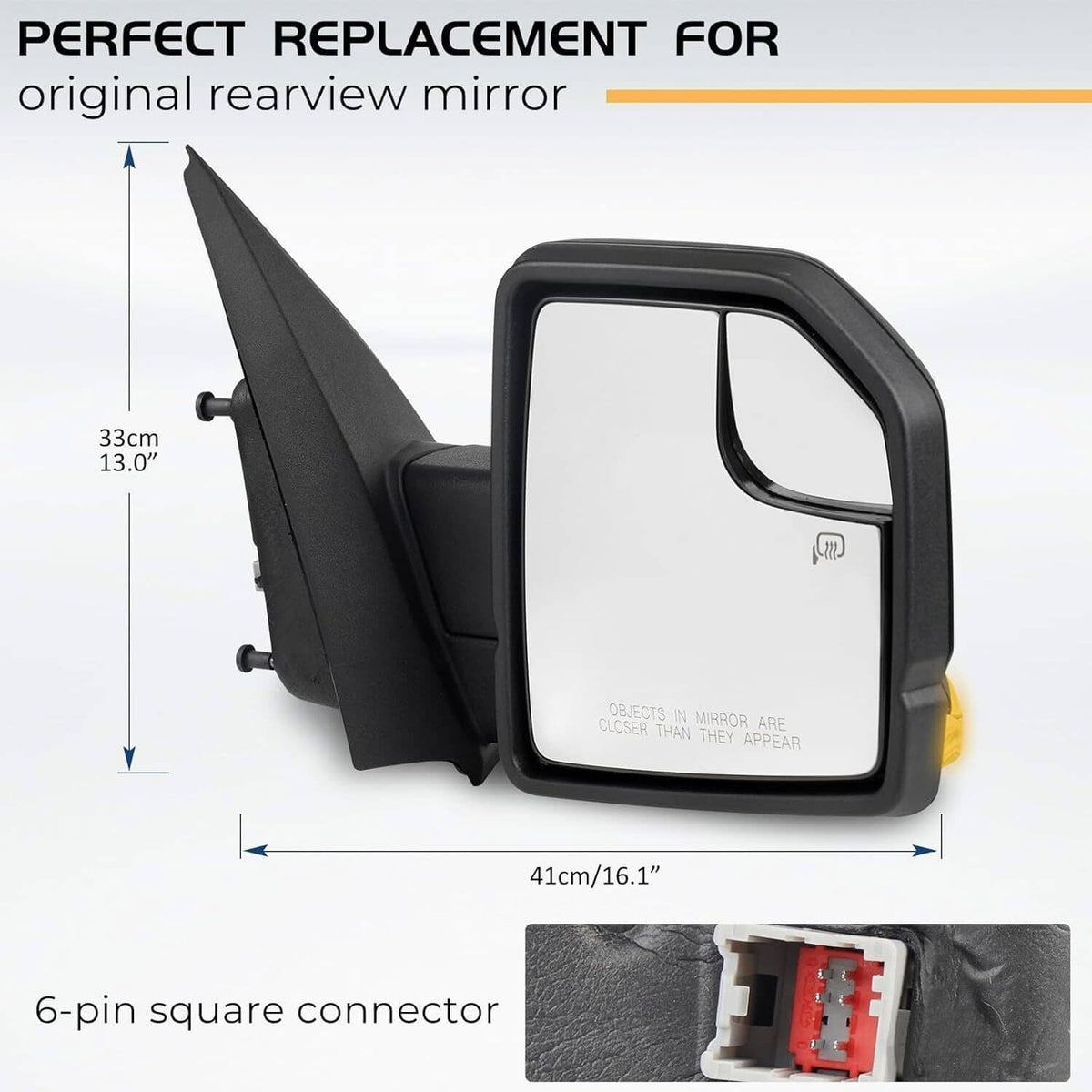 Right side heated review mirror with 6-pin square connector and black bracket