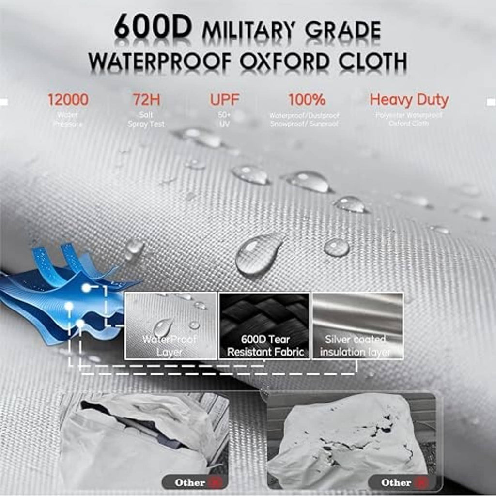 Water-repellent gray oxford cloth fabric with beads of water, with visible texture and layering