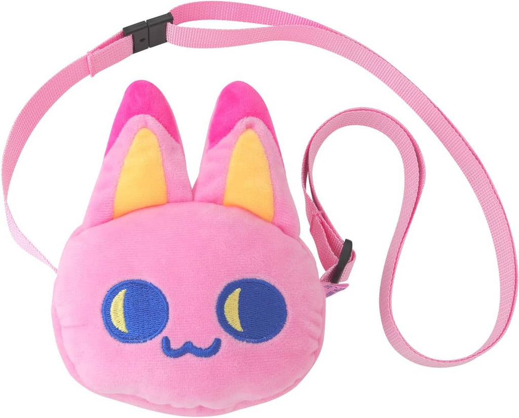 Pink plush bunny Tamagotchi carrier with adjustable striped shoulder strap and clip