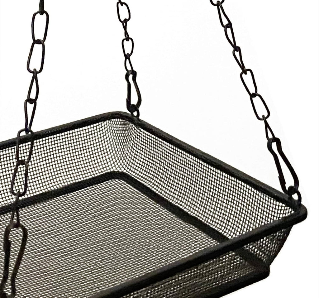 Black square bird feeder tray with fine metal mesh sides and base