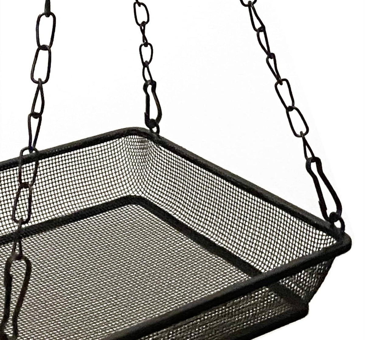 Black square bird feeder tray with fine metal mesh sides and base