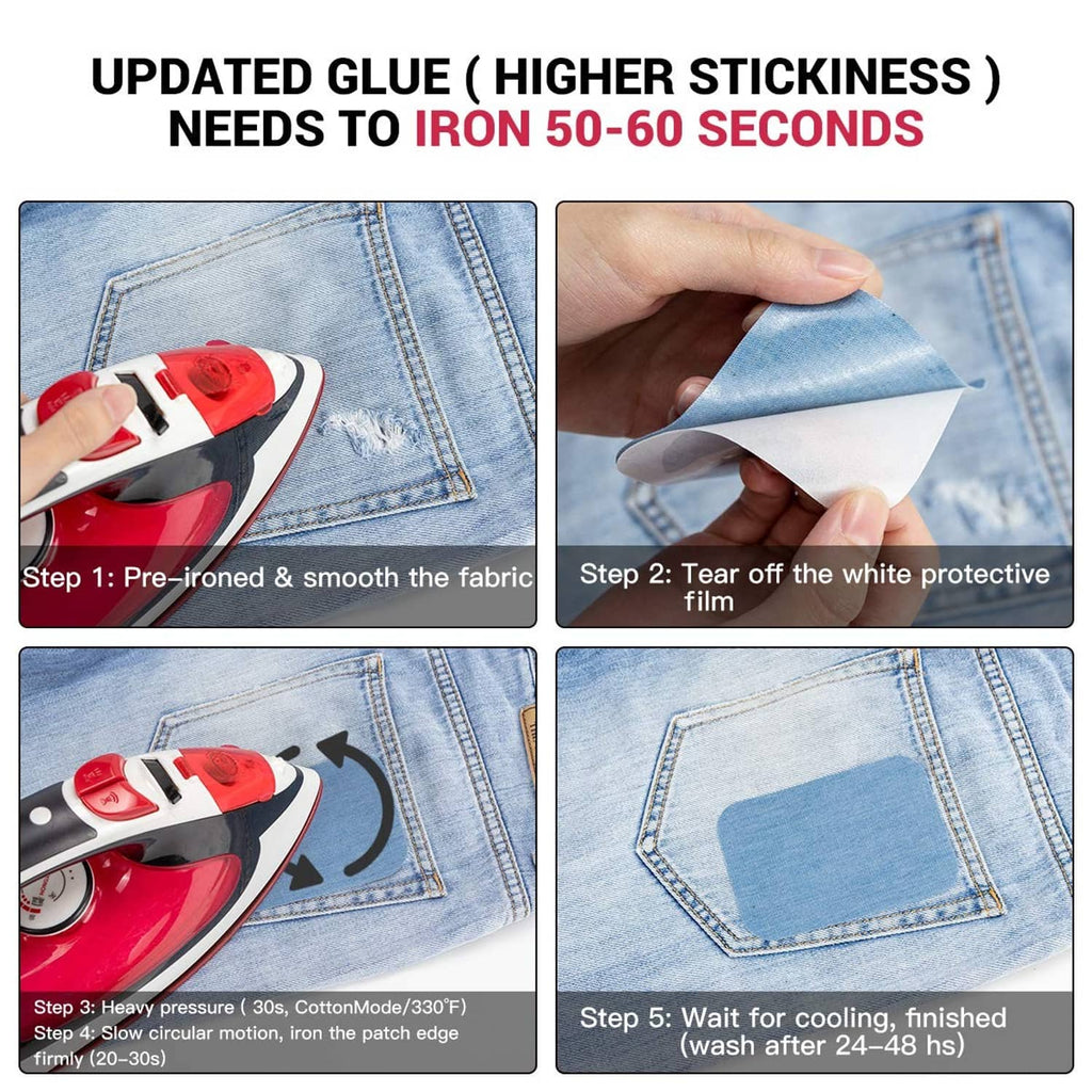 Iron-on patch kit applying a blue patch to light blue denim jeans pocket